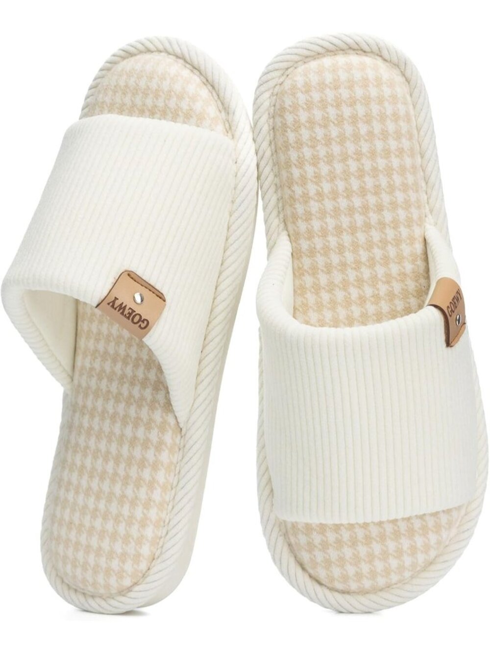 Women's Beige Anti Skid Corduroy Memory Foam Open Toe Slip On Indoor Slippers